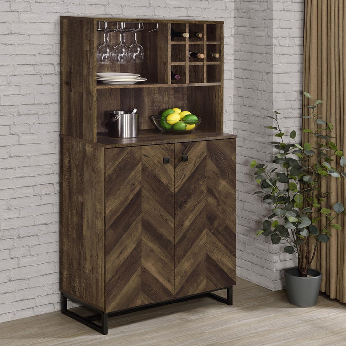 Mendoza 2-door Wine Cabinet Rustic Oak Herringbone and Gunmetal - Tony’s Furniture Store & Linen (GA) - Multi Location
