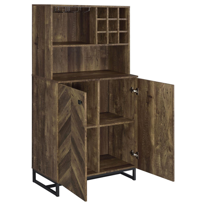 Mendoza 2-door Wine Cabinet Rustic Oak Herringbone and Gunmetal - Tony’s Furniture Store & Linen (GA) - Multi Location