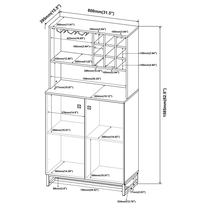 Mendoza 2-door Wine Cabinet Rustic Oak Herringbone and Gunmetal - Tony’s Furniture Store & Linen (GA) - Multi Location