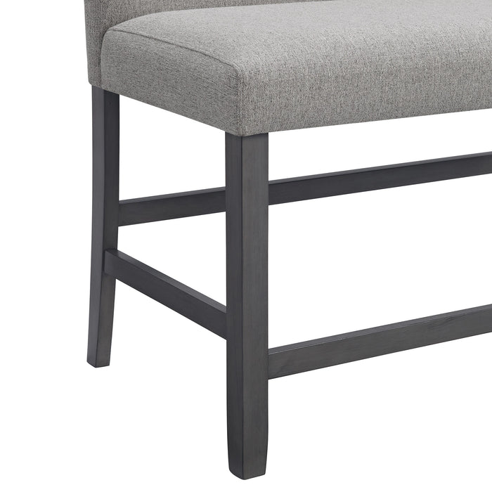 Seneca Counter Bench with Upholstered Back and Grey Fabric