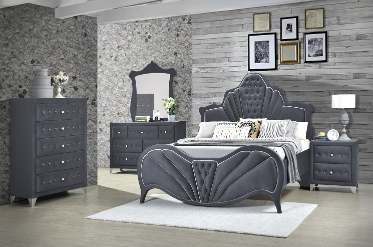 Dante Gray Velvet Queen Bed - Tony’s Furniture Store & Linen (GA) - Multi Location