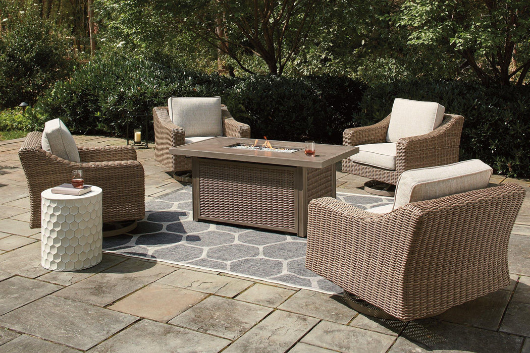 Beachcroft Beachcroft Fire Pit Table with Four Nuvella Swivel Lounge Chairs - Tony’s Furniture Store & Linen (GA) - Multi Location