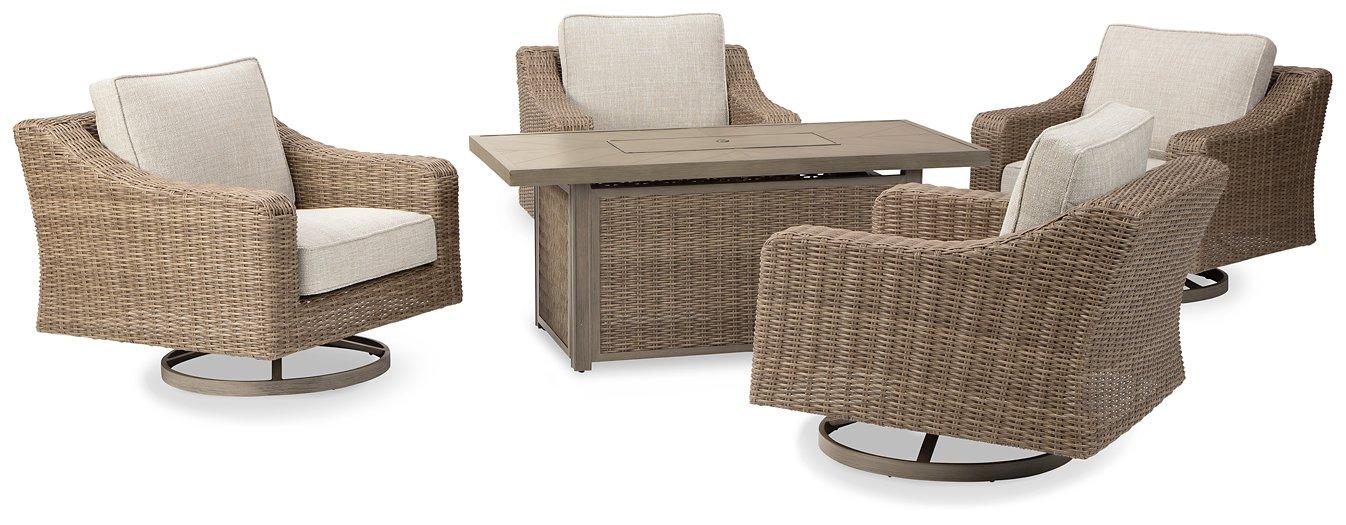 Beachcroft Beachcroft Fire Pit Table with Four Nuvella Swivel Lounge Chairs - Tony’s Furniture Store & Linen (GA) - Multi Location