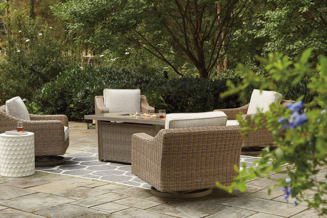 Beachcroft Beachcroft Fire Pit Table with Four Nuvella Swivel Lounge Chairs - Tony’s Furniture Store & Linen (GA) - Multi Location