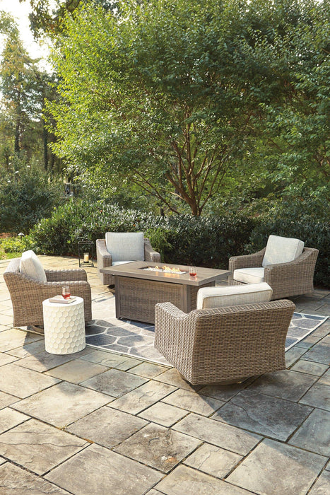 Beachcroft Beachcroft Fire Pit Table with Four Nuvella Swivel Lounge Chairs - Tony’s Furniture Store & Linen (GA) - Multi Location