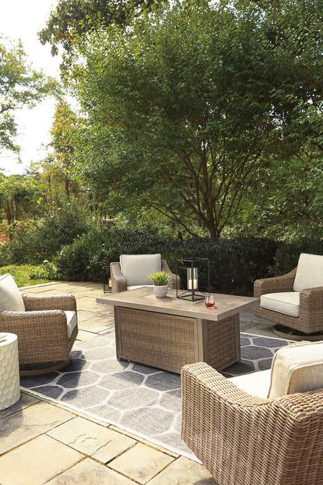 Beachcroft Beachcroft Fire Pit Table with Four Nuvella Swivel Lounge Chairs - Tony’s Furniture Store & Linen (GA) - Multi Location