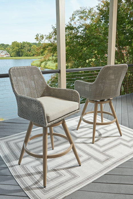 Seton Creek Outdoor Bar Height Barstool with Cushion (Set of 2) - Tony’s Furniture Store & Linen (GA) - Multi Location