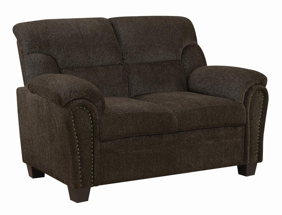 Clementine Upholstered Loveseat with Nailhead Trim Brown - Tony’s Furniture Store & Linen (GA) - Multi Location