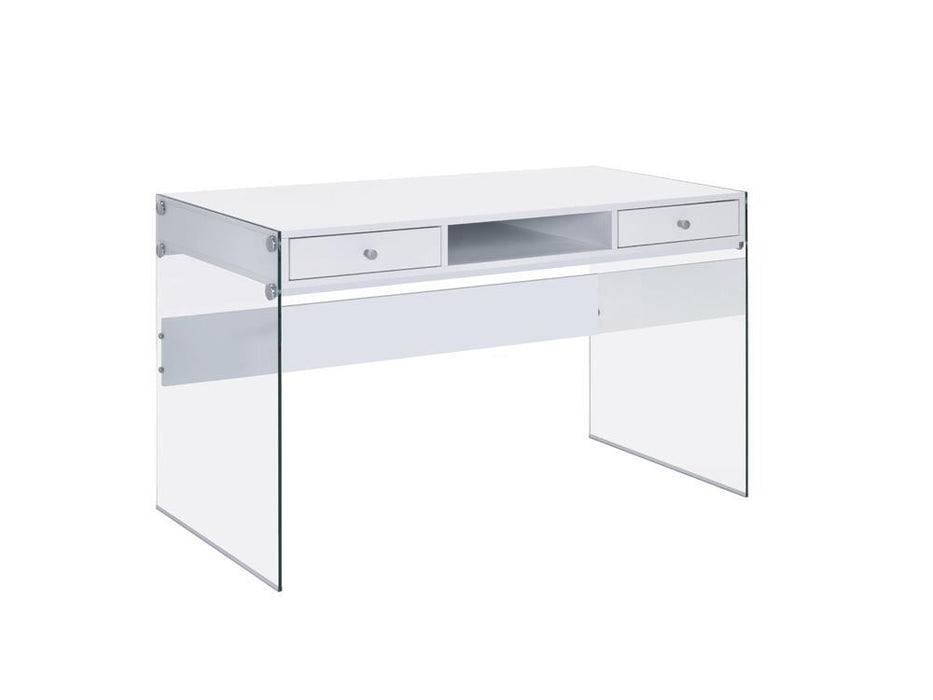 Dobrev 2-drawer Writing Desk Glossy White and Clear - Tony’s Furniture Store & Linen (GA) - Multi Location