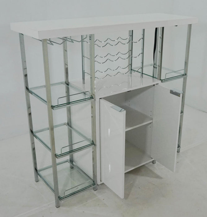 Gallimore 2-door Bar Cabinet with Glass Shelf High Glossy White and Chrome - Tony’s Furniture Store & Linen (GA) - Multi Location