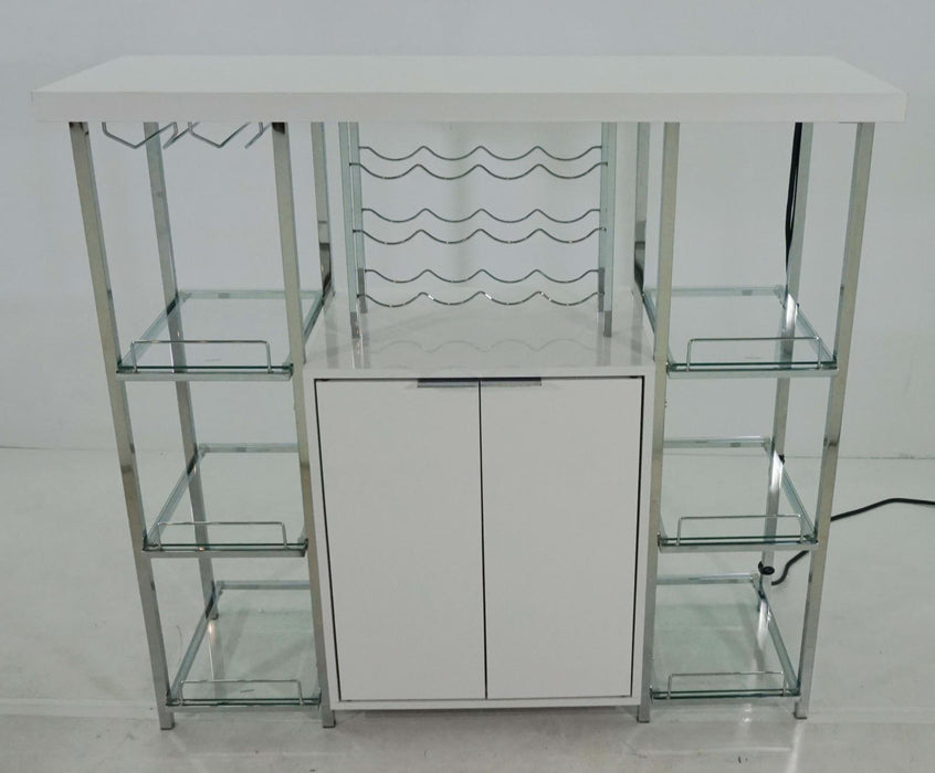 Gallimore 2-door Bar Cabinet with Glass Shelf High Glossy White and Chrome - Tony’s Furniture Store & Linen (GA) - Multi Location