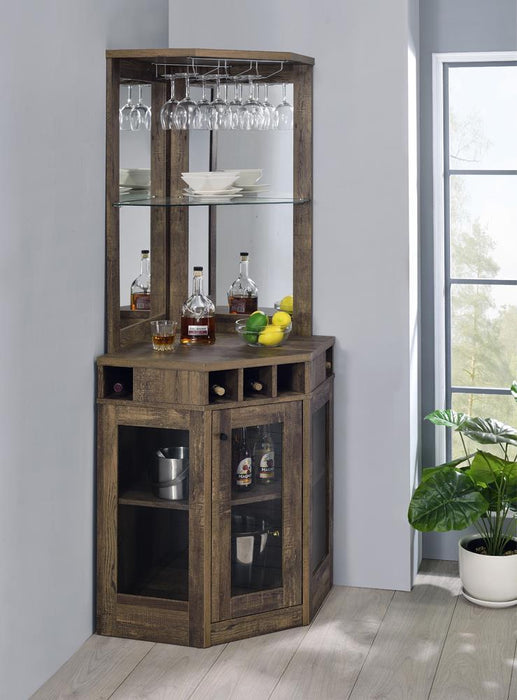 Alviso Corner Bar Cabinet with Stemware Rack Rustic Oak - Tony’s Furniture Store & Linen (GA) - Multi Location