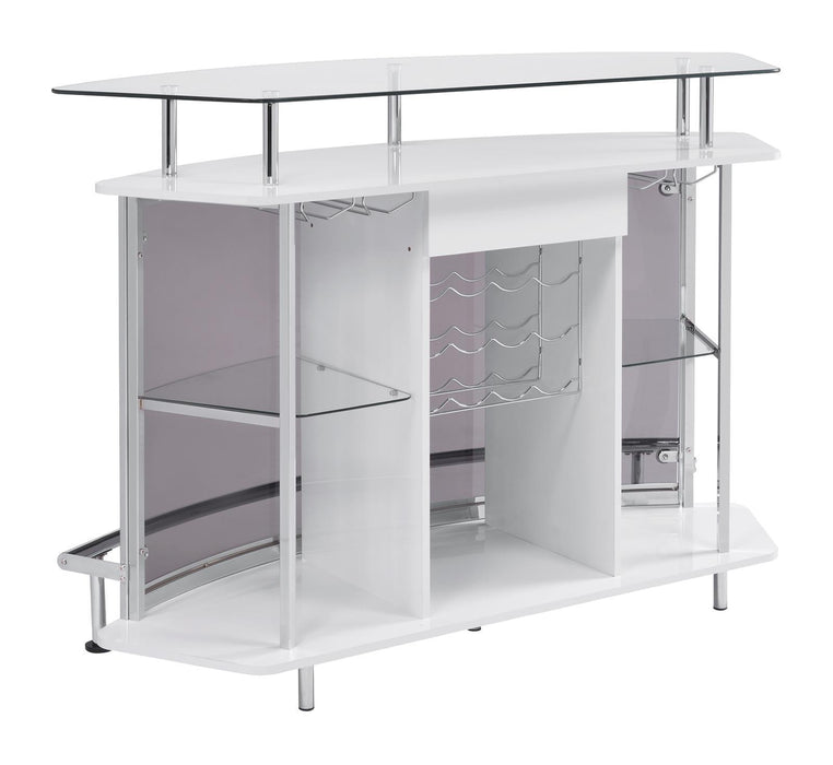 Gideon Crescent Shaped Glass Top Bar Unit with Drawer - Tony’s Furniture Store & Linen (GA) - Multi Location