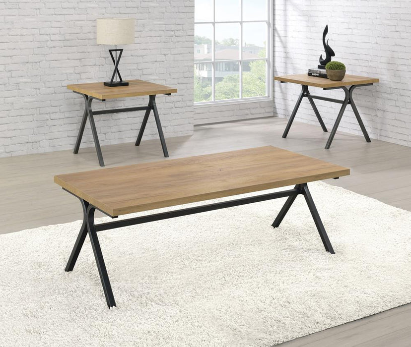 Colmar 3-piece Trestle Occasional Table Set Golden Oak and Gunmetal - Tony’s Furniture Store & Linen (GA) - Multi Location