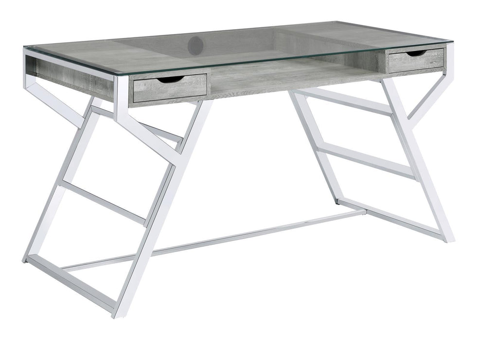 Emelle 2-drawer Glass Top Writing Desk Grey Driftwood and Chrome - Tony’s Furniture Store & Linen (GA) - Multi Location