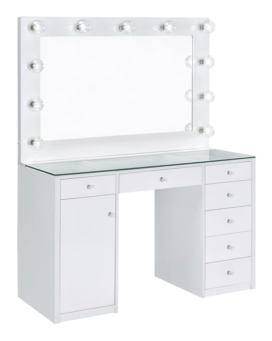 Percy 7-drawer Glass Top Vanity Desk with Lighting White - Tony’s Furniture Store & Linen (GA) - Multi Location