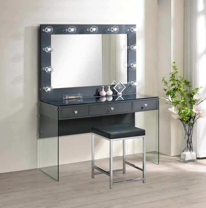 Afshan 3-drawer Vanity Desk with Lighting Mirror Grey High Gloss - Tony’s Furniture Store & Linen (GA) - Multi Location